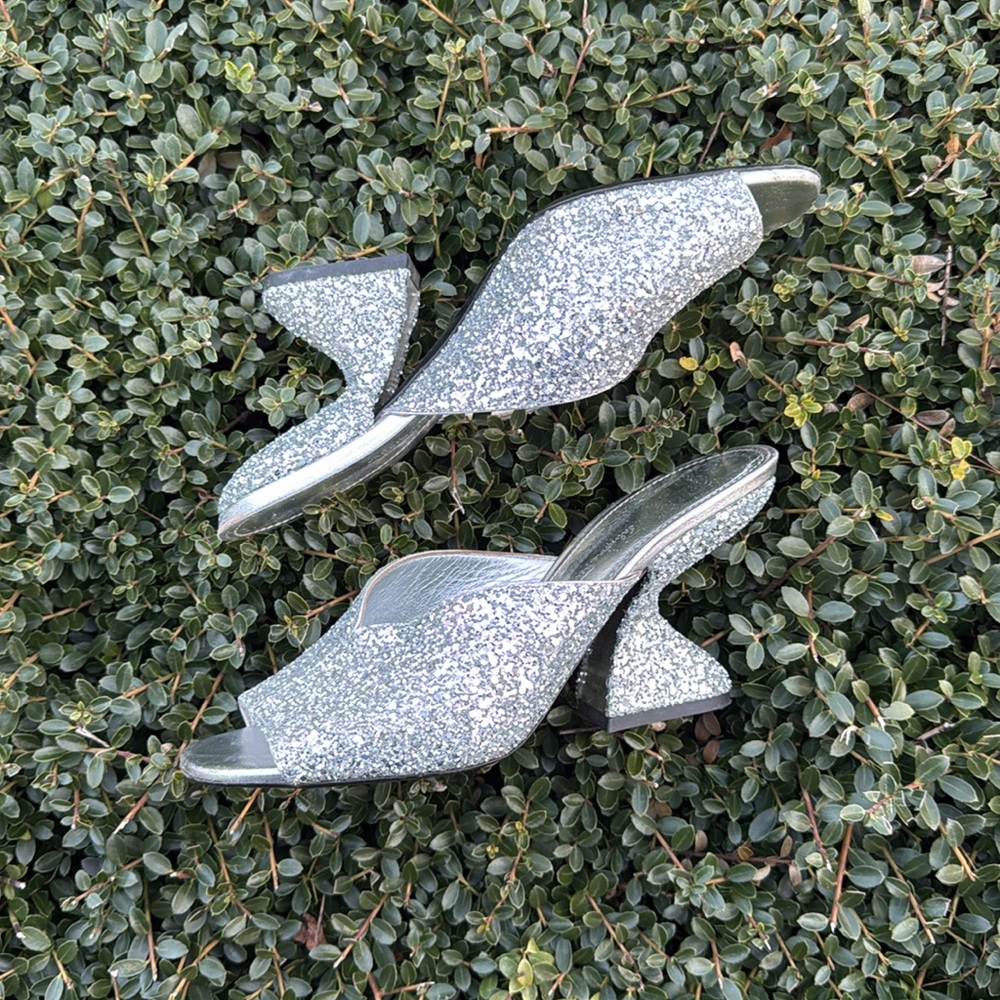 Silver Glitter Mules with Medium Heel